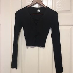 H&M black knit crop top with ties size XS